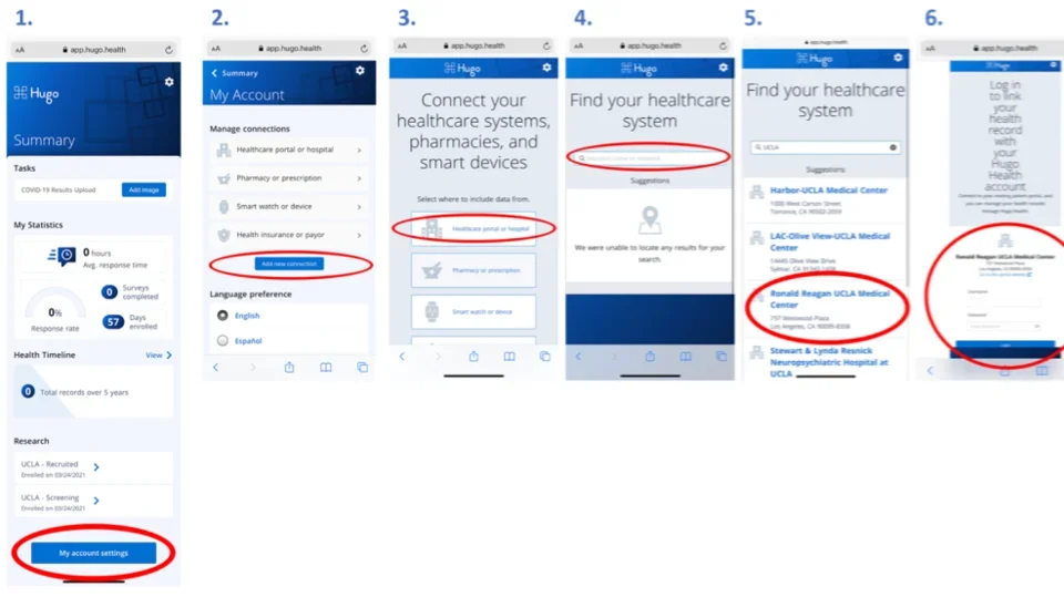 Various mobile screen captures depicting how to connect to the health portal. Step-by-step instructions are in the FAQ text.