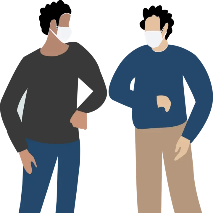 Illustration of two men standing and facing each other. They are wearing white face masks.