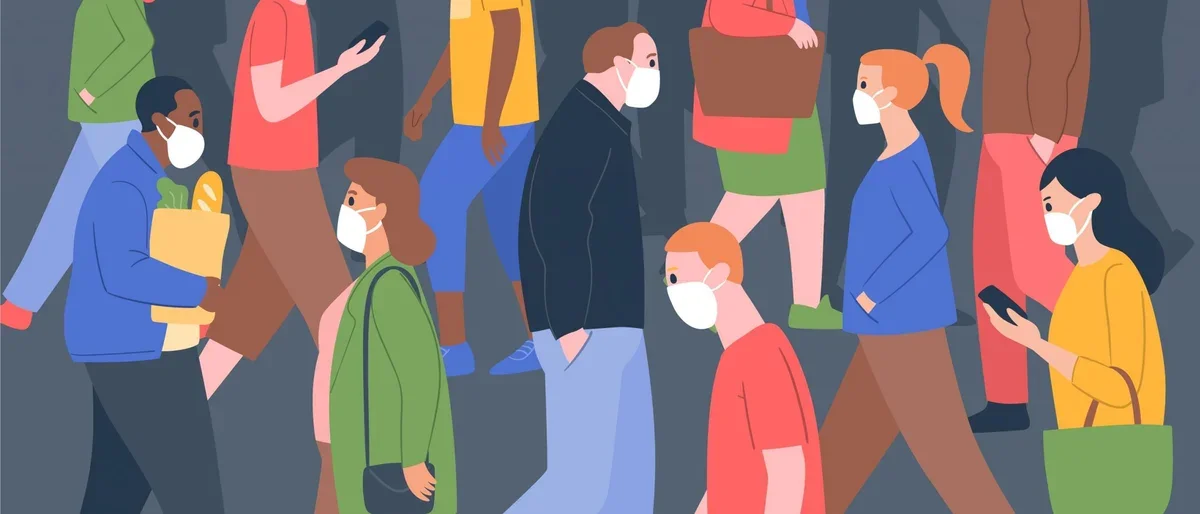 Illustration depicting a crowd of people walking past each other on a sidewalk. They are wearing white face masks.