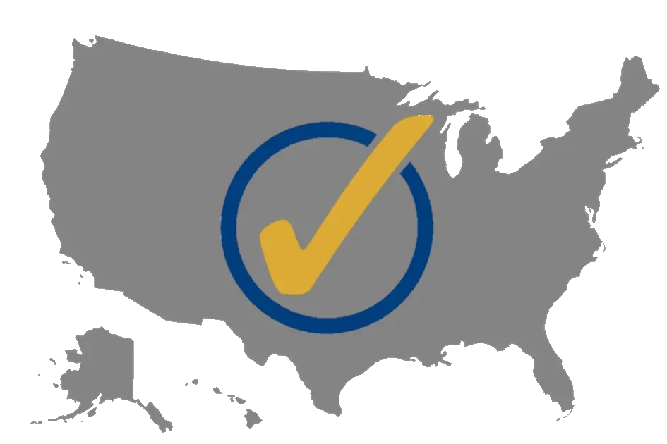Illustration of the map of the US, pictured in gray. A yellow checkmark within a blue circle appears in the middle of the country.