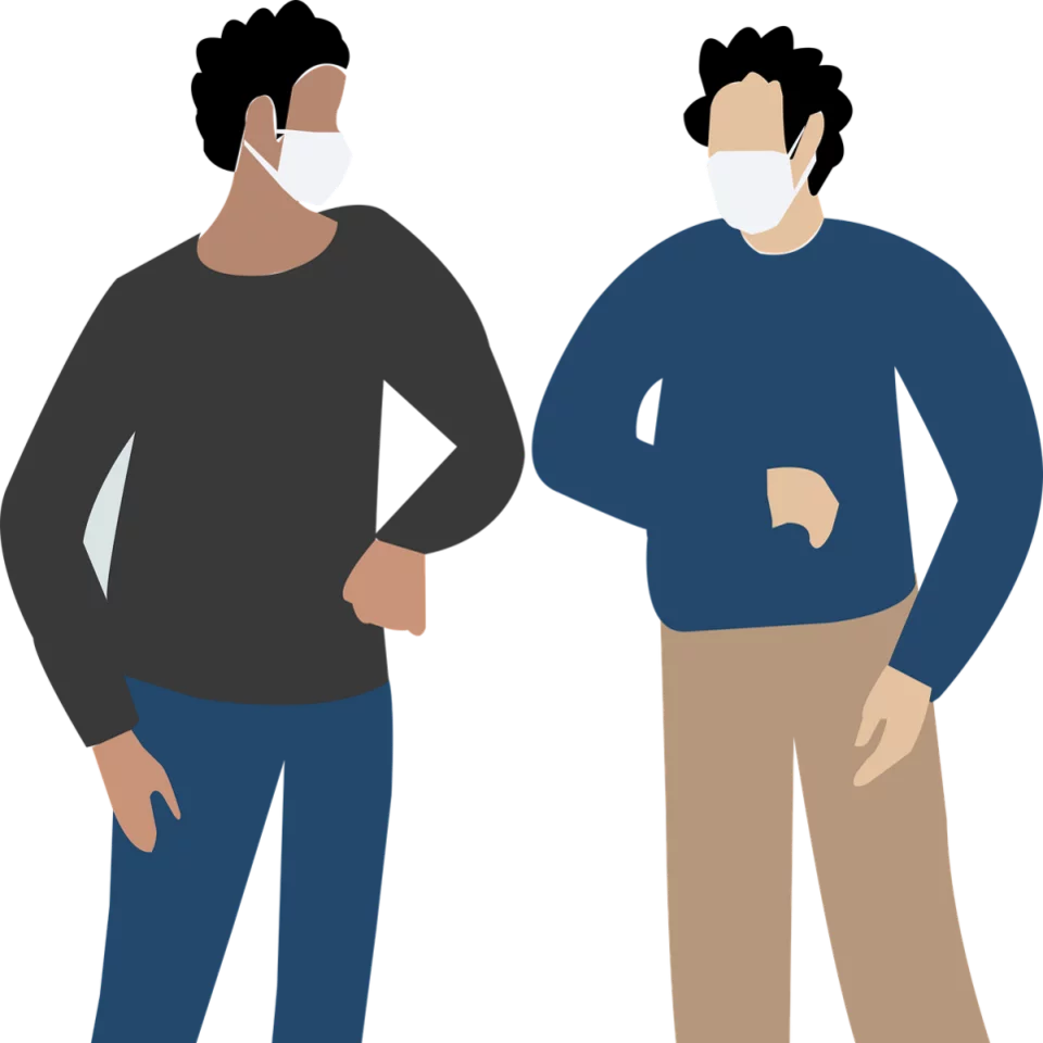 Illustration of two men standing and facing each other. They are wearing white face masks.