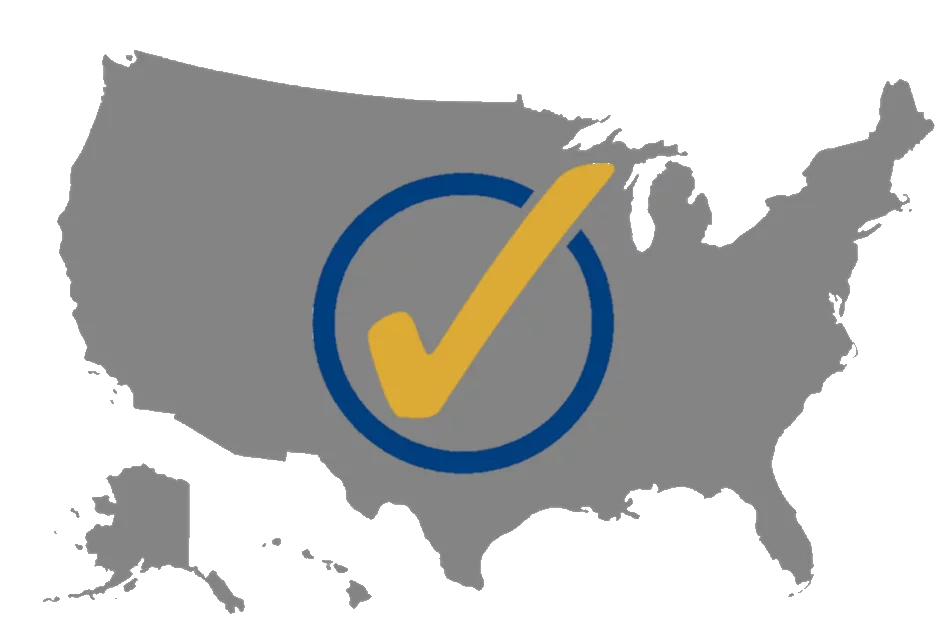 Illustration of the map of the US, pictured in gray. A yellow checkmark within a blue circle appears in the middle of the country.