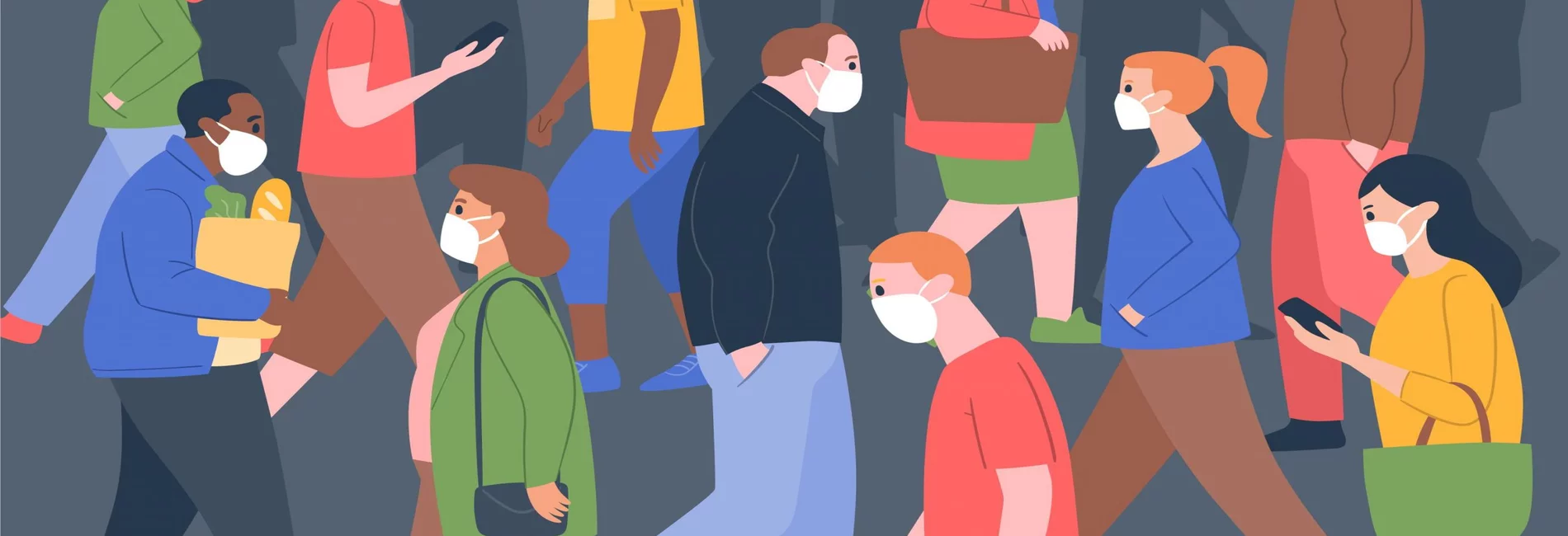 Illustration depicting a crowd of people walking past each other on a sidewalk. They are wearing white face masks.